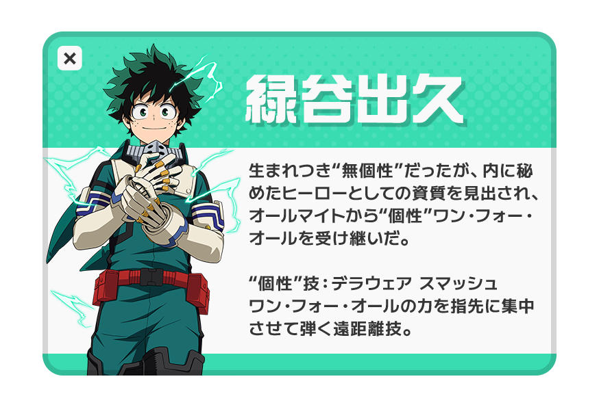 緑谷出久：生まれつき“無個性”だったが、内に秘めたヒーローとしての資質を見出され、オールマイトから“個性”ワン・フォー・オールを受け継いだ。“個性”技：デラウェア スマッシュ。